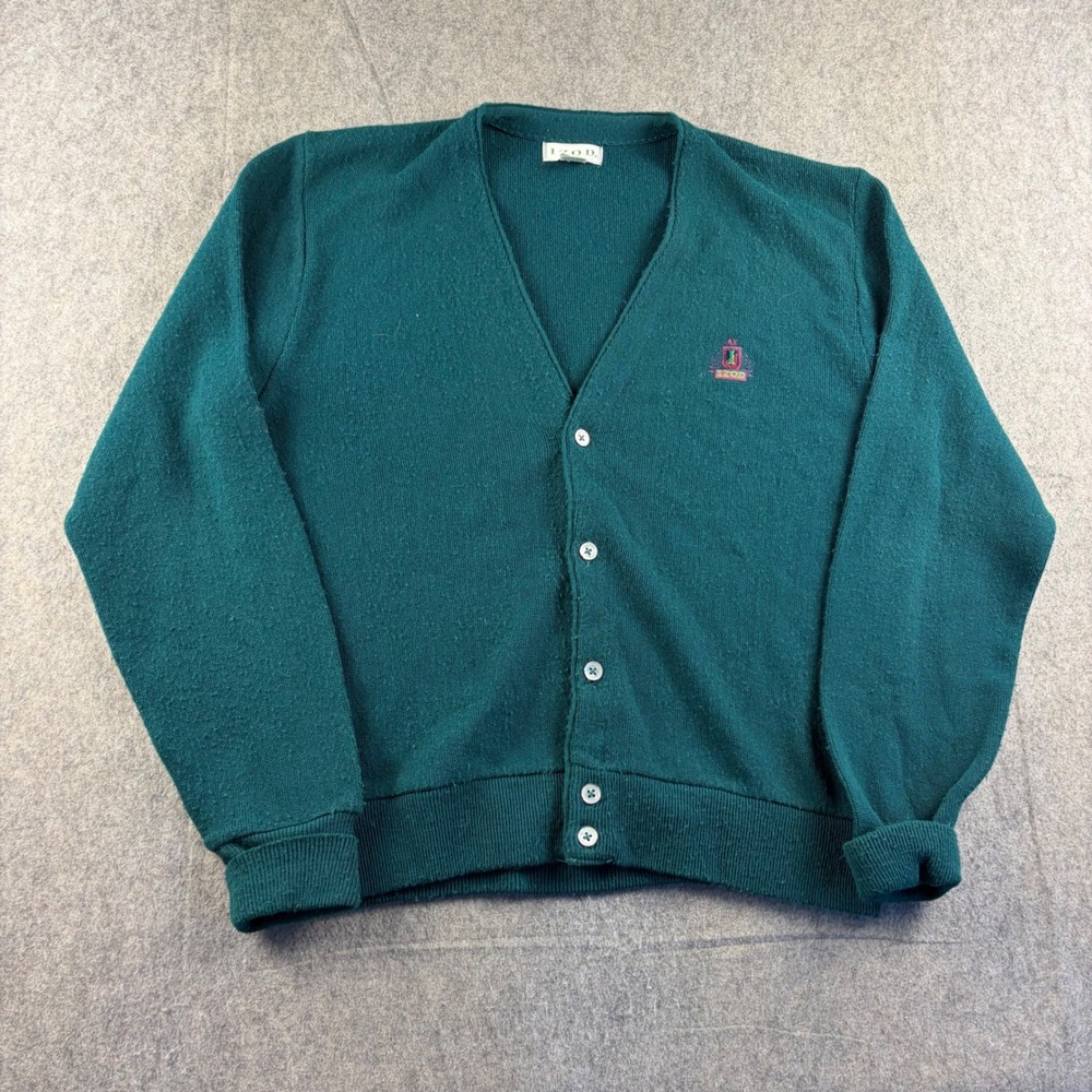 Vintage IZOD Cardigan‎ Women's M Sweater  Green Acrylic V-Neck Made in USA